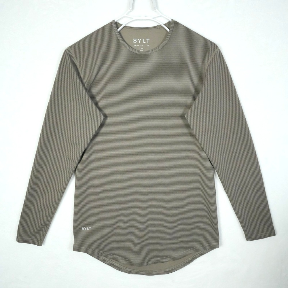 BYLT Shirt‎ Men's Size Small Premium Crew Stripe Gray Black Stretch Long Sleeve